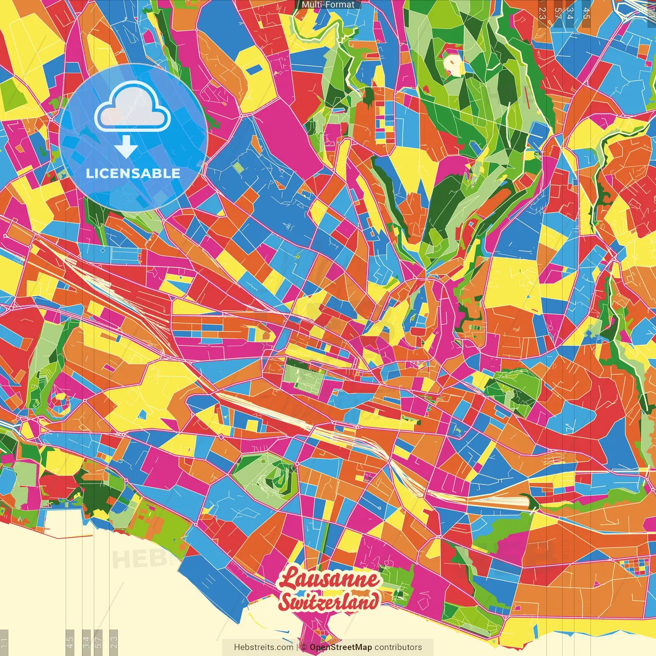 Lausanne, Switzerland Crazy Colorful Street Map Poster Template