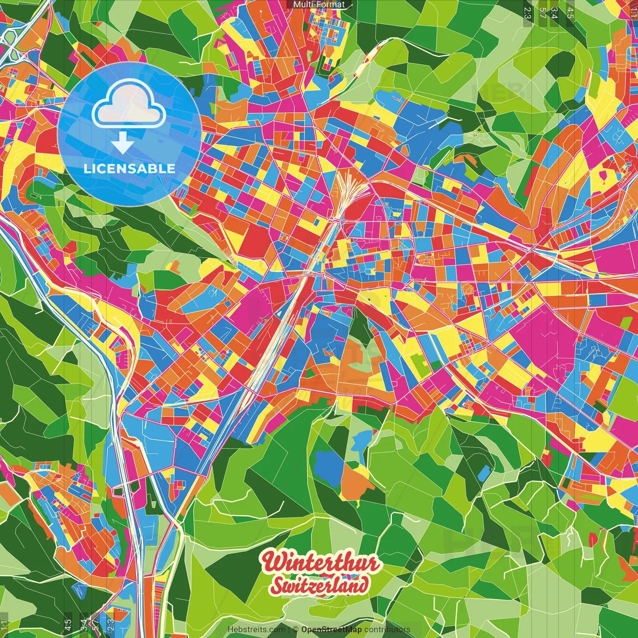 Winterthur, Switzerland Crazy Colorful Street Map Poster Template