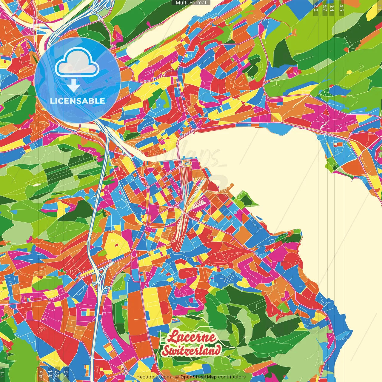 Lucerne, Switzerland Crazy Colorful Street Map Poster Template