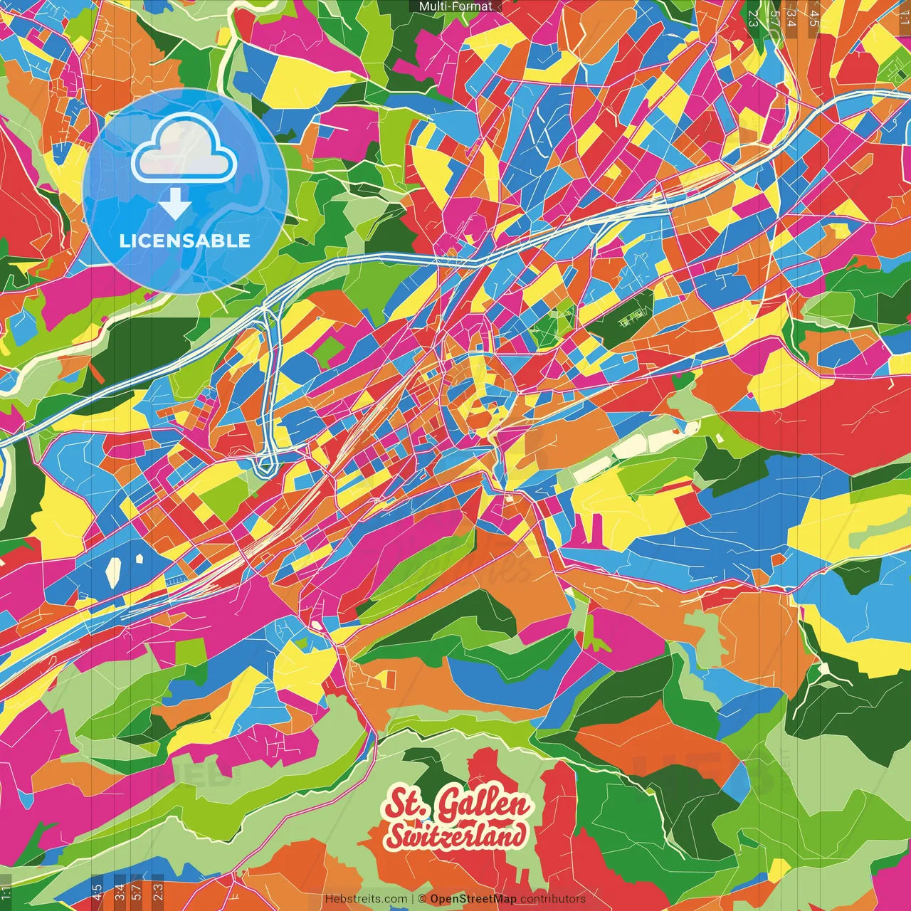 St. Gallen, Switzerland Crazy Colorful Street Map Poster Template