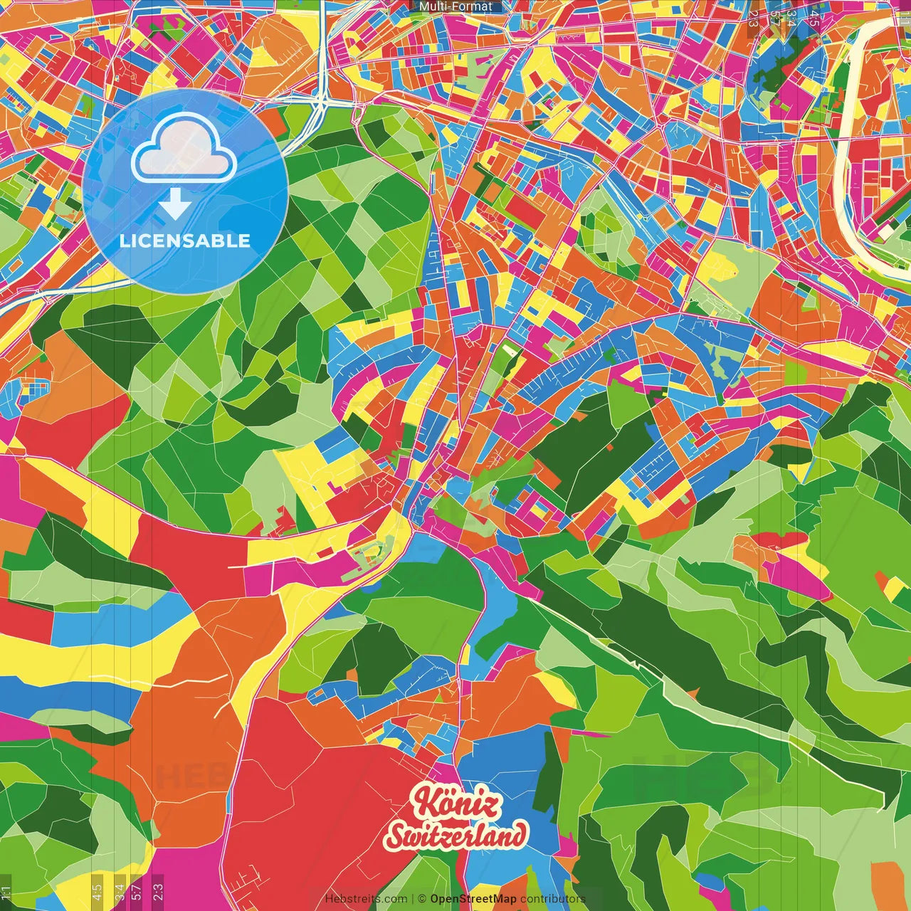 Köniz, Switzerland Crazy Colorful Street Map Poster Template