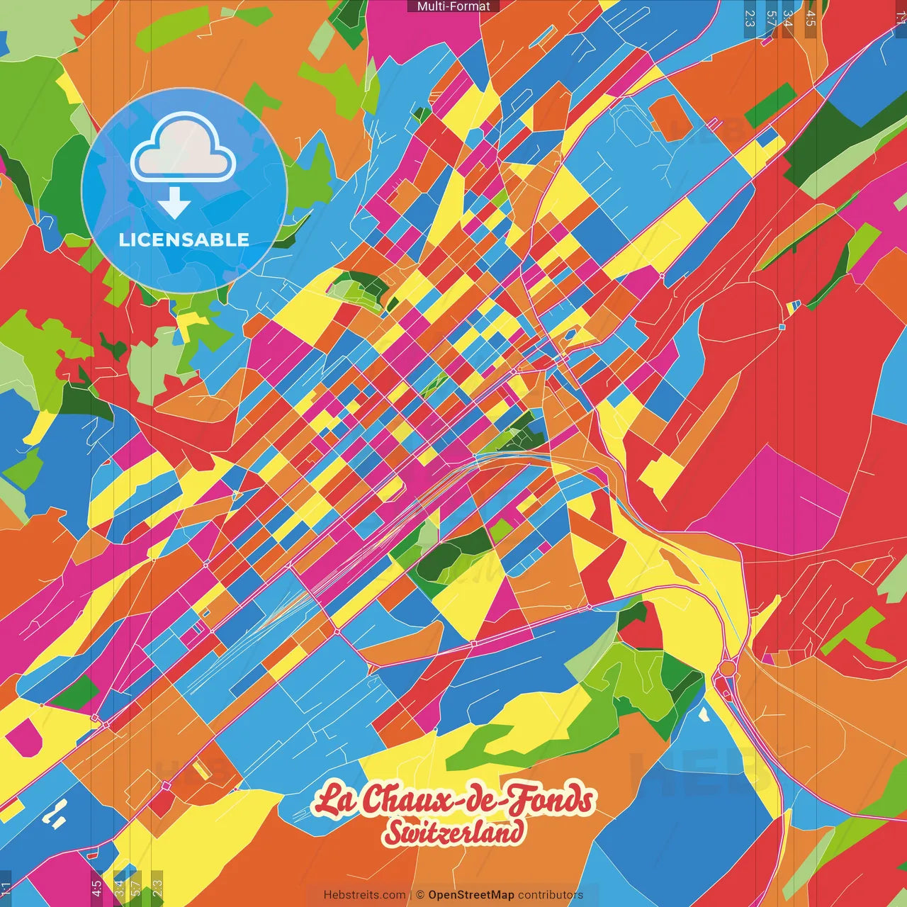 La Chaux-de-Fonds, Switzerland Crazy Colorful Street Map Poster Template