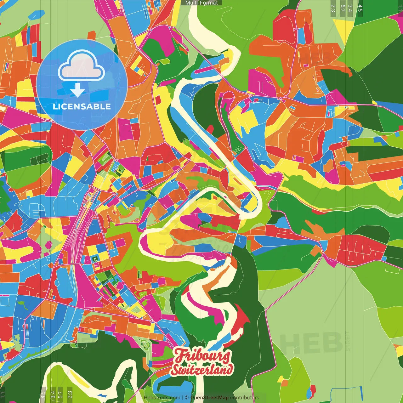 Fribourg, Switzerland Crazy Colorful Street Map Poster Template
