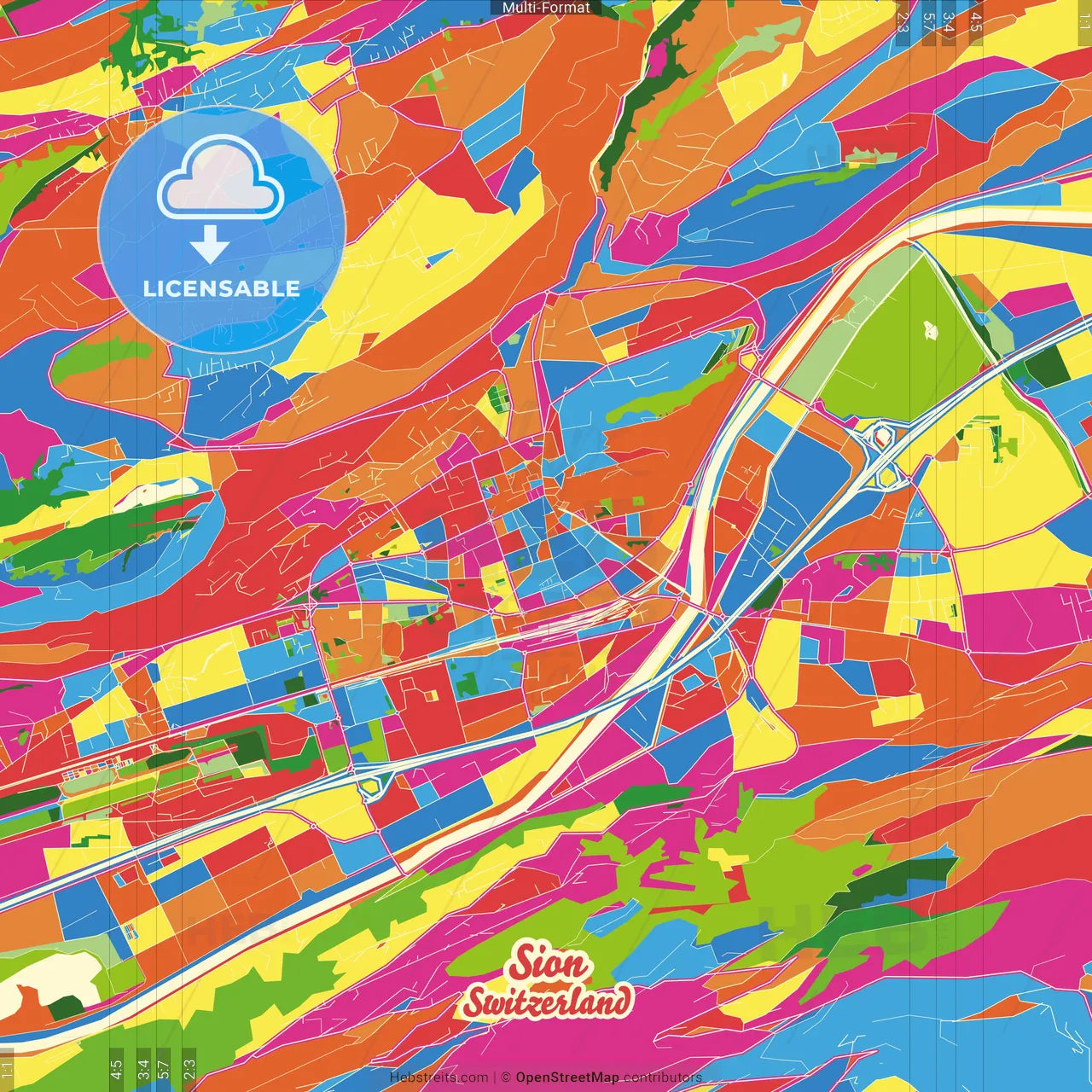 Sion, Switzerland Crazy Colorful Street Map Poster Template