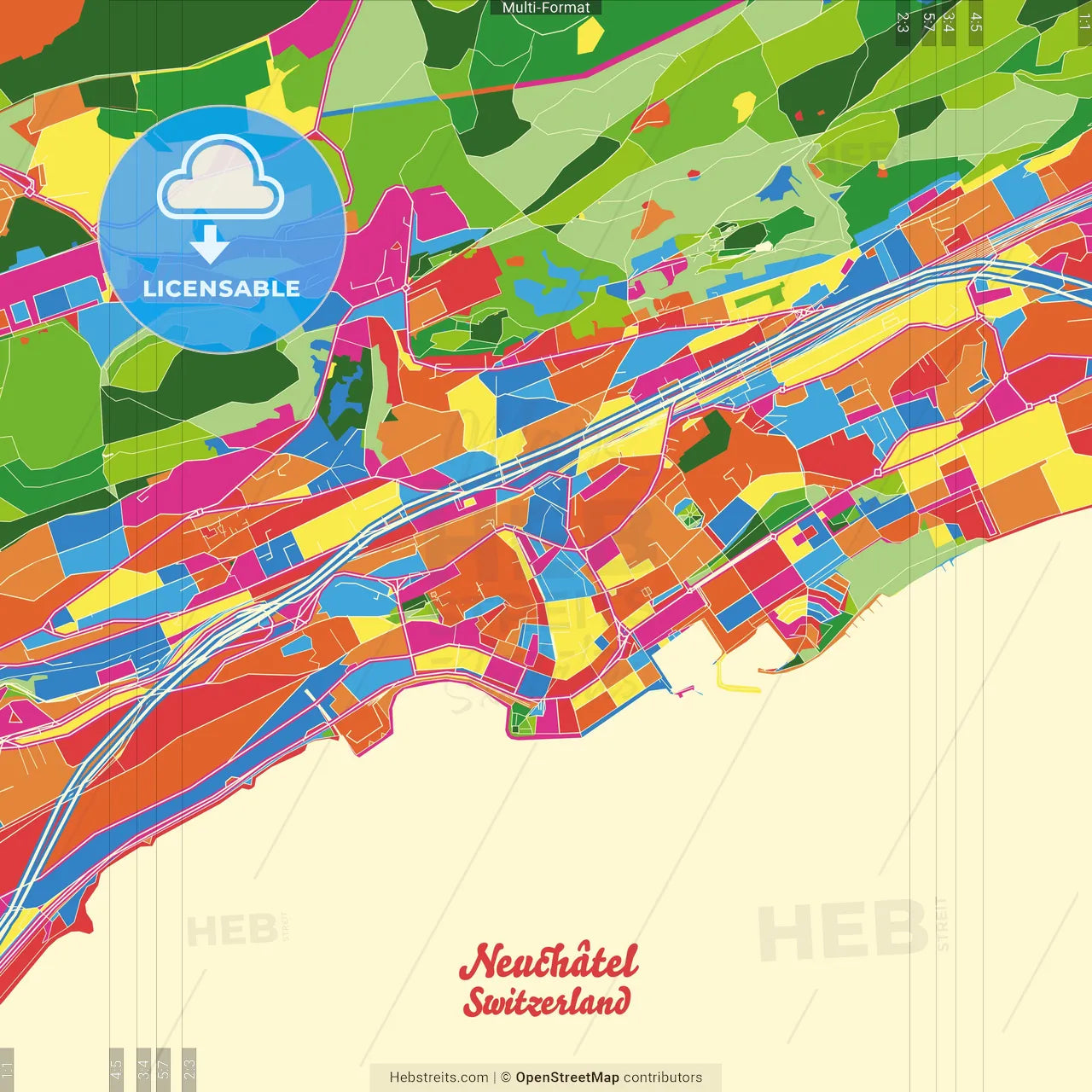 Neuchâtel, Switzerland Crazy Colorful Street Map Poster Template