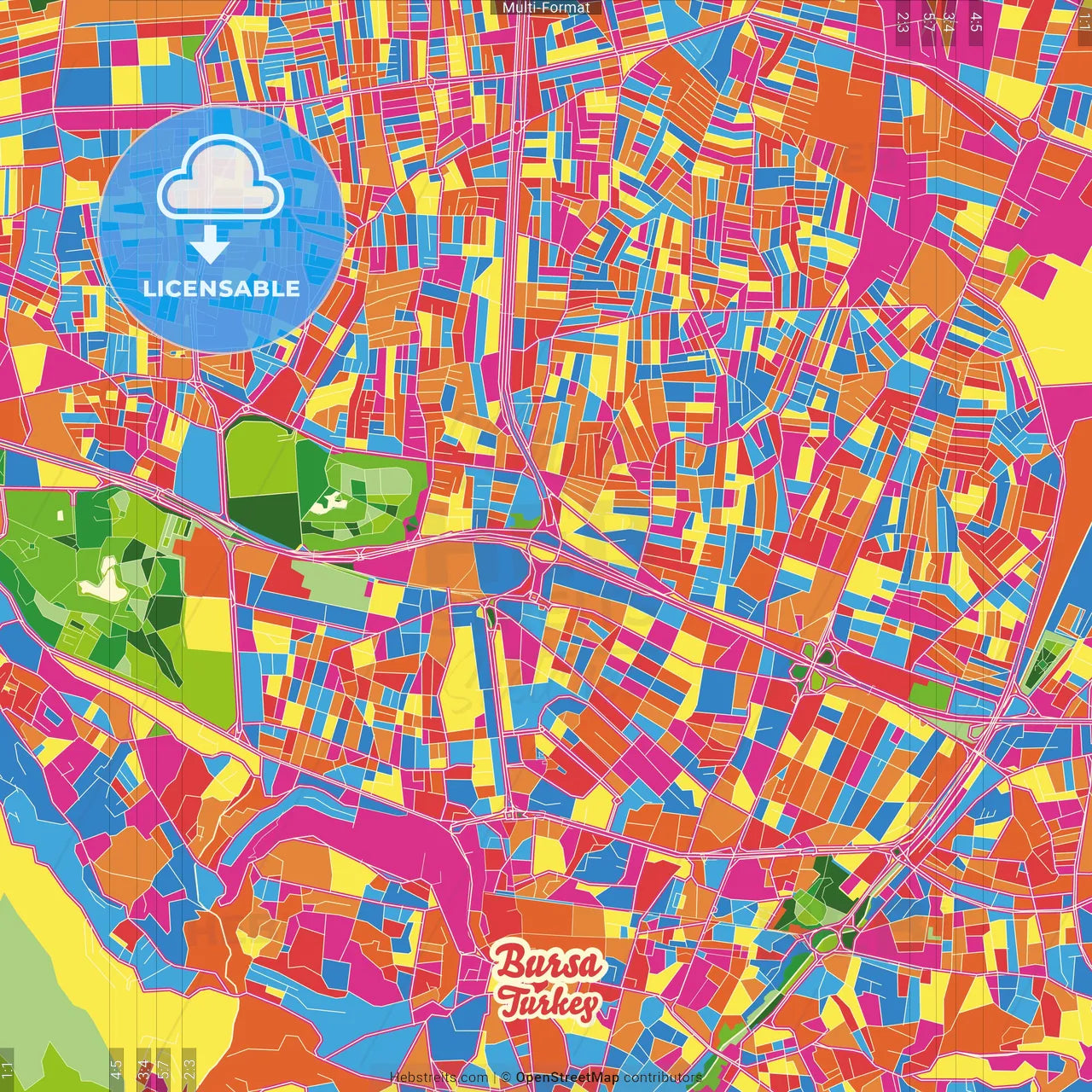 Bursa, Bursa, Turkey Crazy Colorful Street Map Poster Template