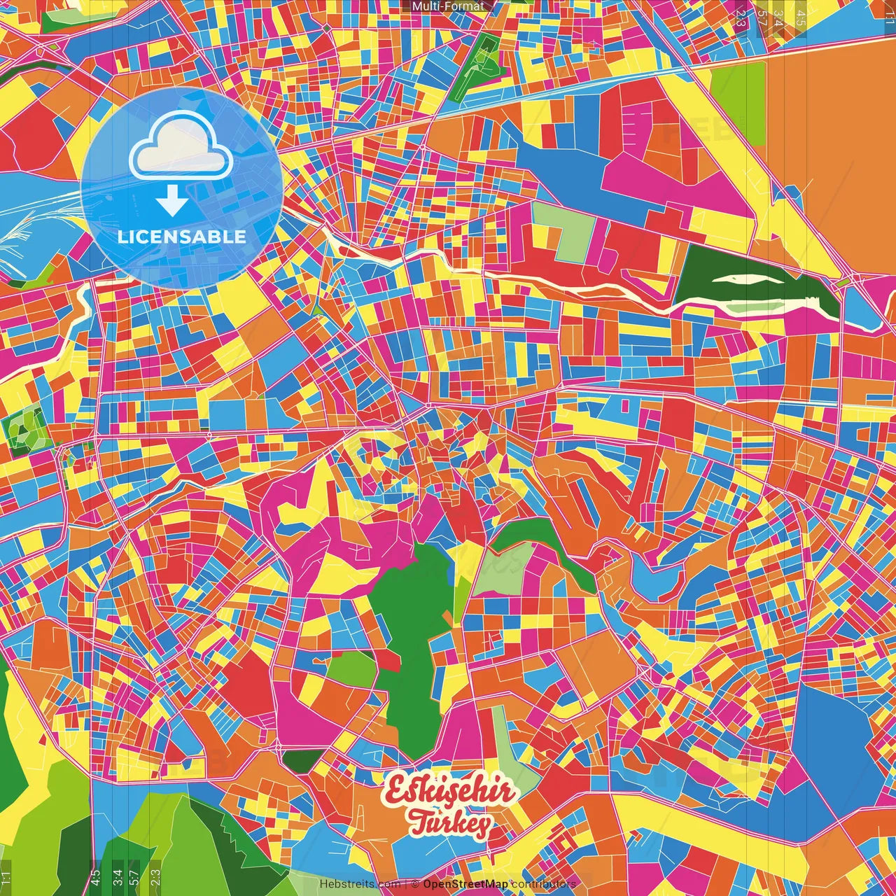 Eskişehir, Eskişehir, Turkey Crazy Colorful Street Map Poster Template