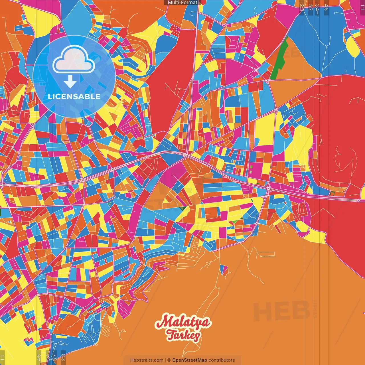 Malatya, Malatya, Turkey Crazy Colorful Street Map Poster Template