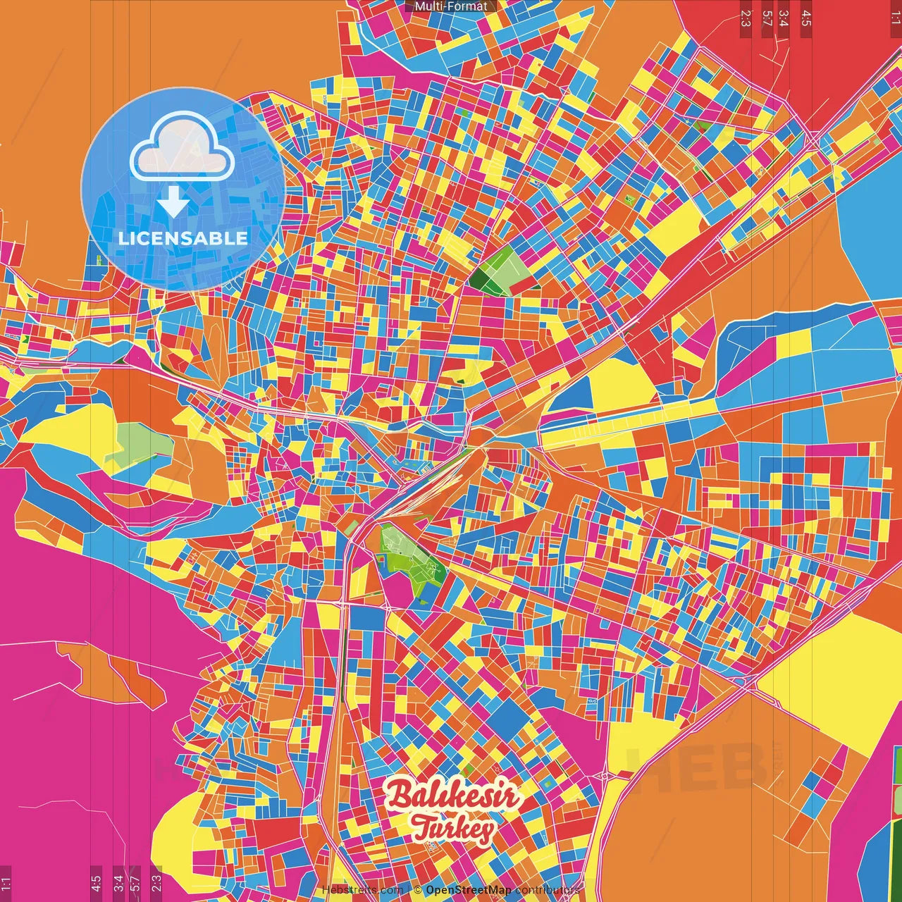 Balıkesir, Balıkesir, Turkey Crazy Colorful Street Map Poster Template