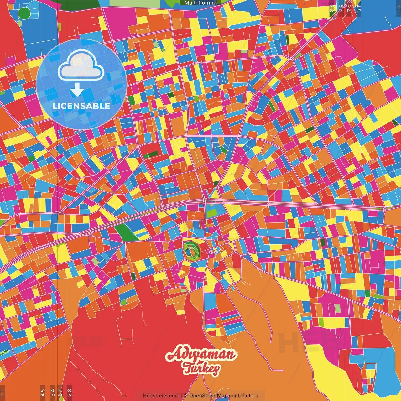 Adıyaman, Adıyaman, Turkey Crazy Colorful Street Map Poster Template
