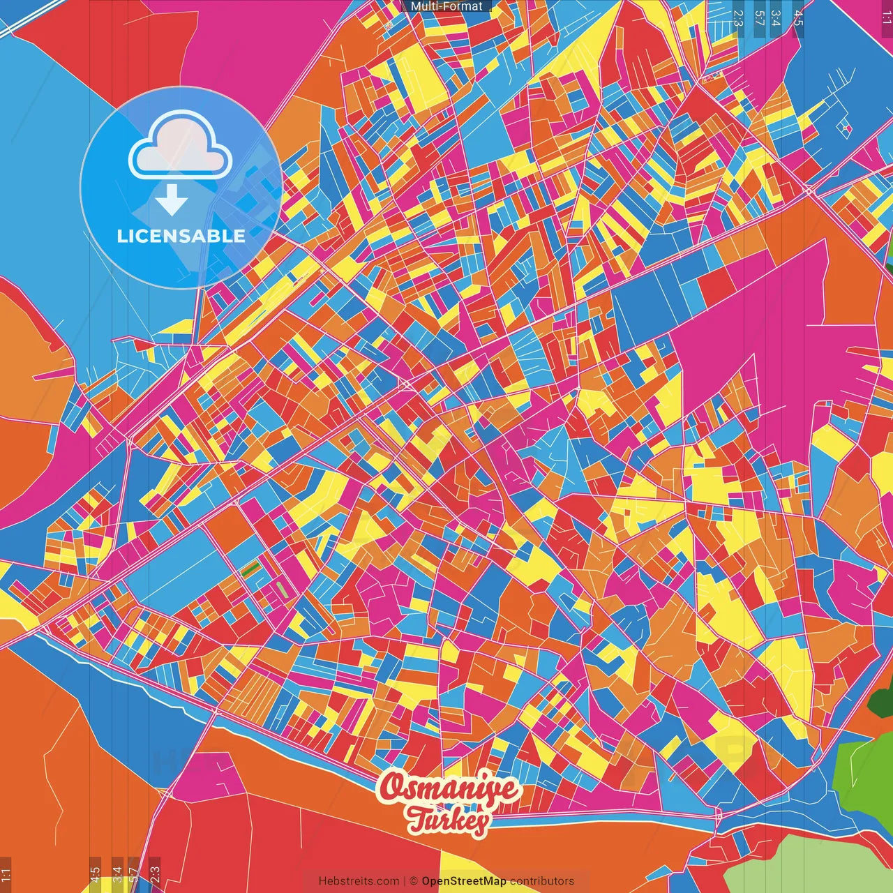 Osmaniye, Osmaniye, Turkey Crazy Colorful Street Map Poster Template