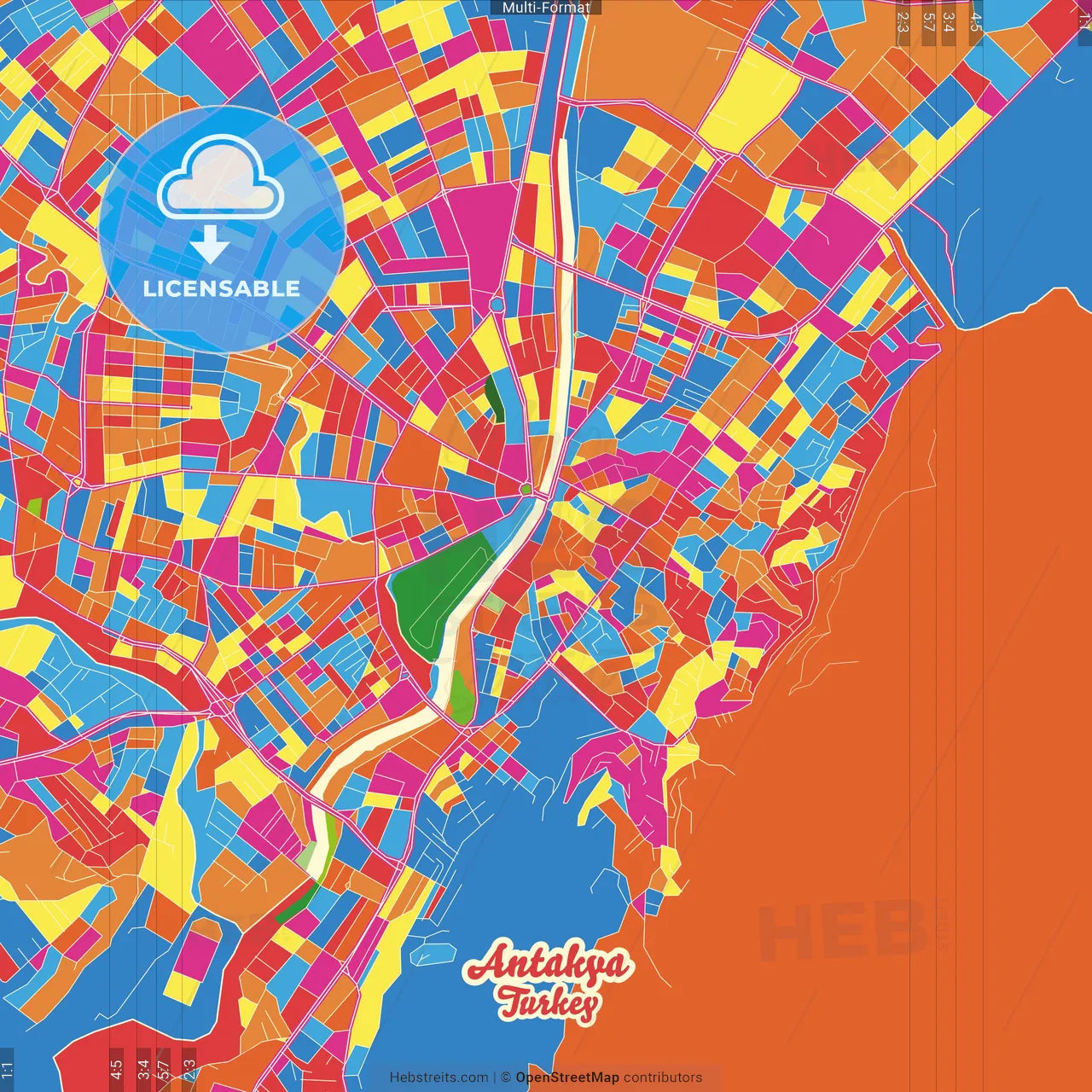 Antakya, Hatay, Turkey Crazy Colorful Street Map Poster Template