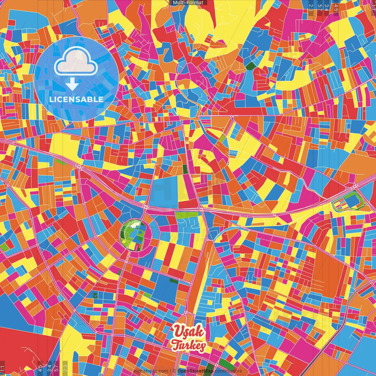 Uşak, Uşak, Turkey Crazy Colorful Street Map Poster Template