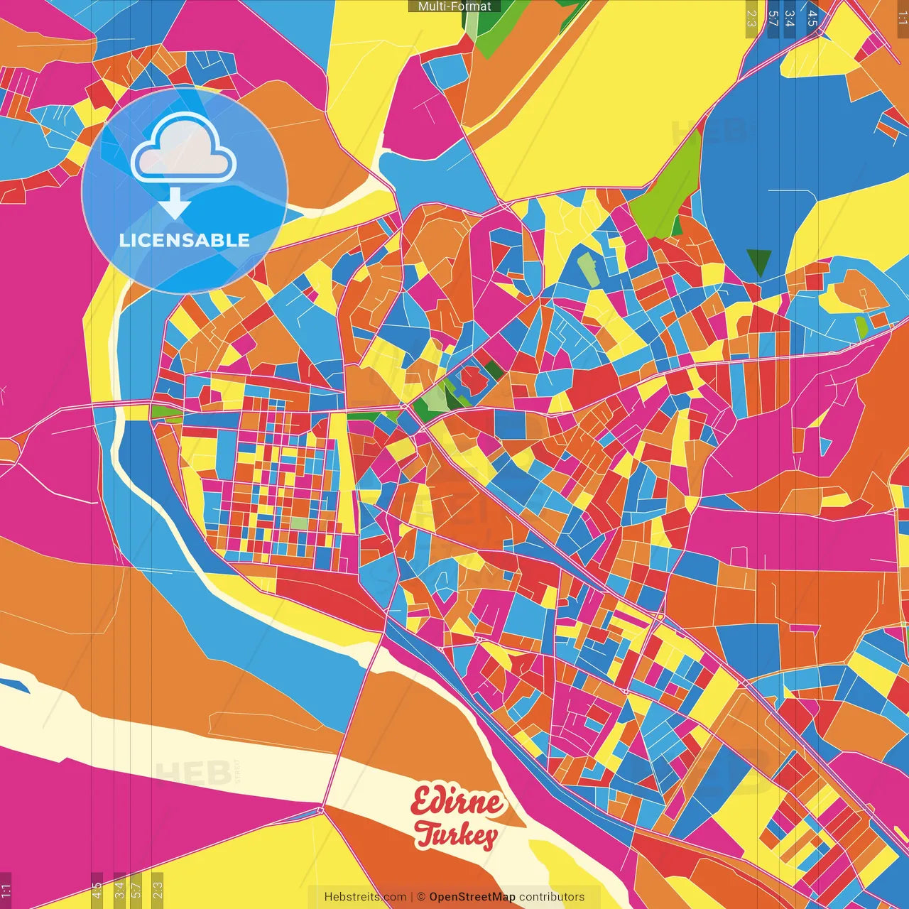 Edirne, Edirne, Turkey Crazy Colorful Street Map Poster Template