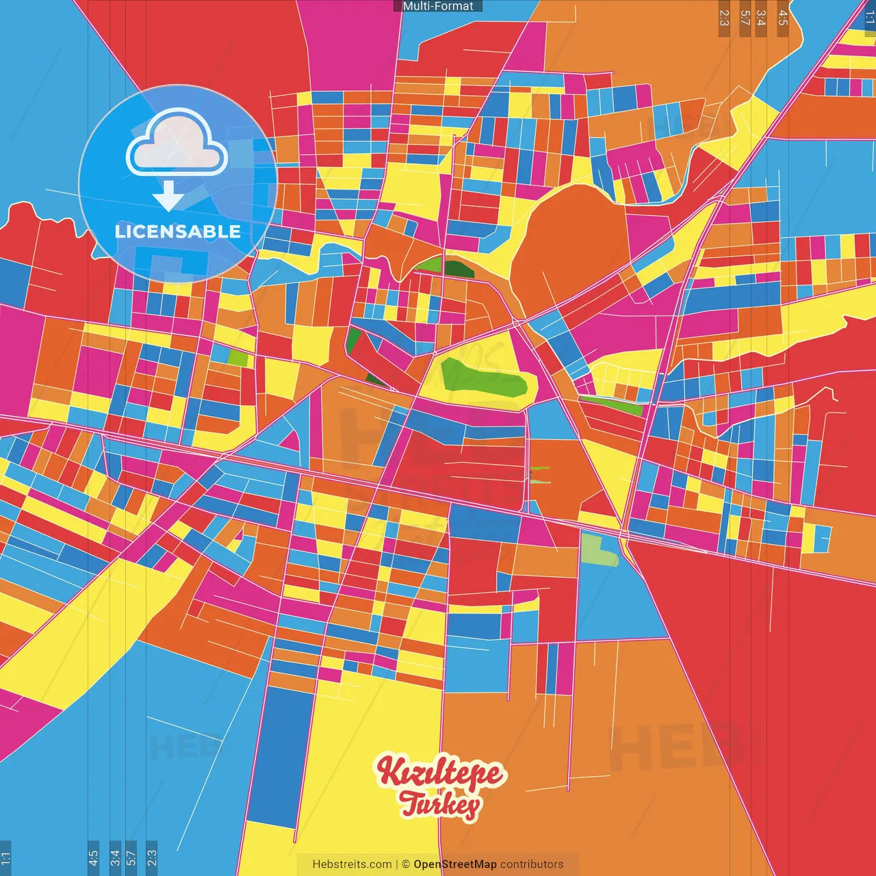 Kızıltepe, Mardin, Turkey Crazy Colorful Street Map Poster Template