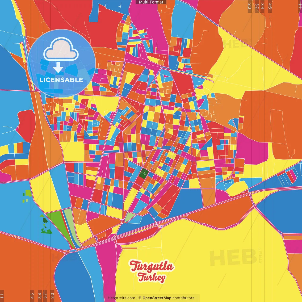Turgutlu, Manisa, Turkey Crazy Colorful Street Map Poster Template