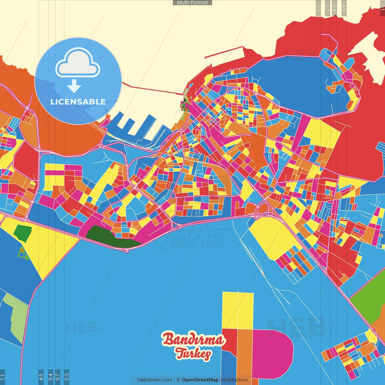 Bandırma, Balıkesir, Turkey Crazy Colorful Street Map Poster Template