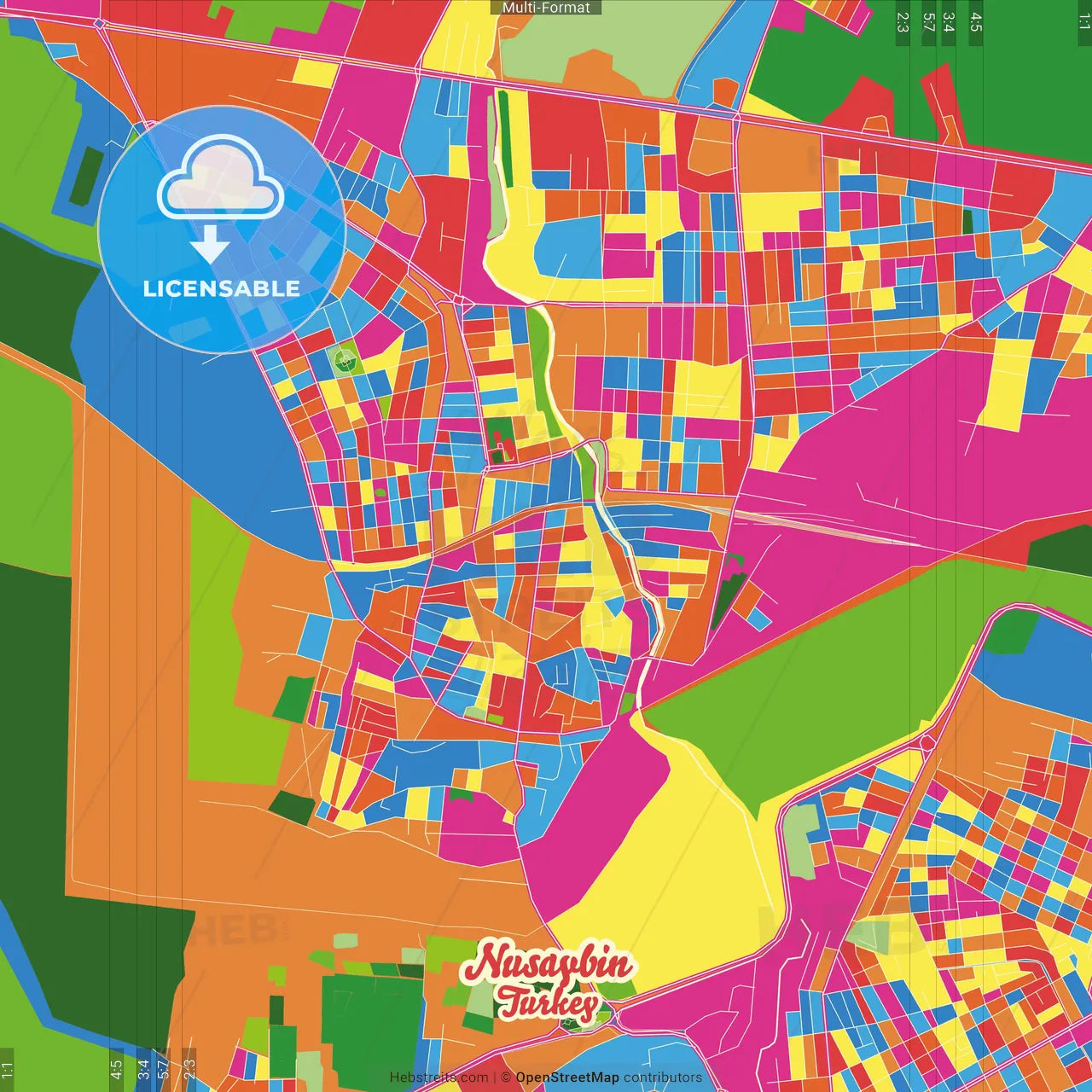 Nusaybin, Mardin, Turkey Crazy Colorful Street Map Poster Template