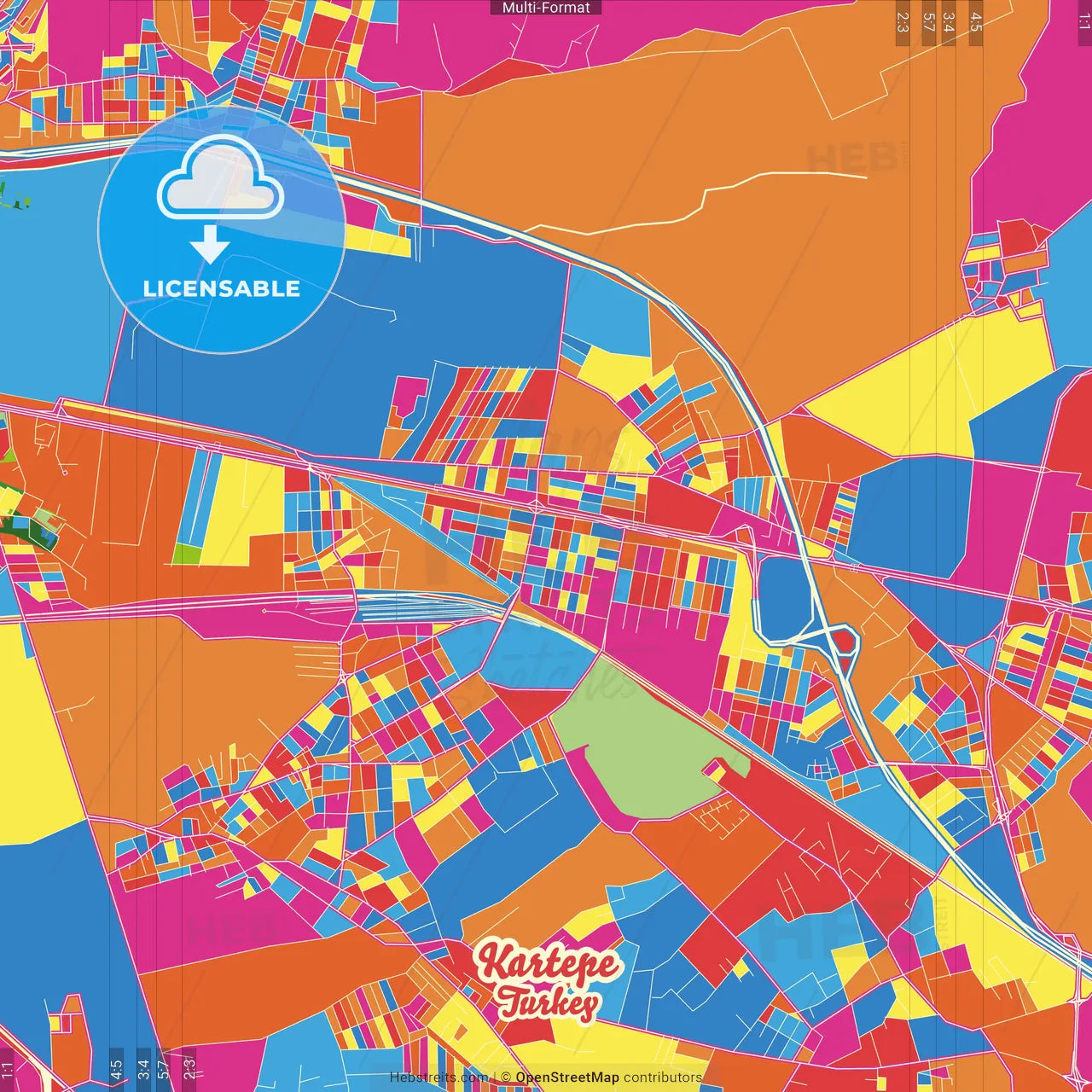 Kartepe, Kocaeli, Turkey Crazy Colorful Street Map Poster Template
