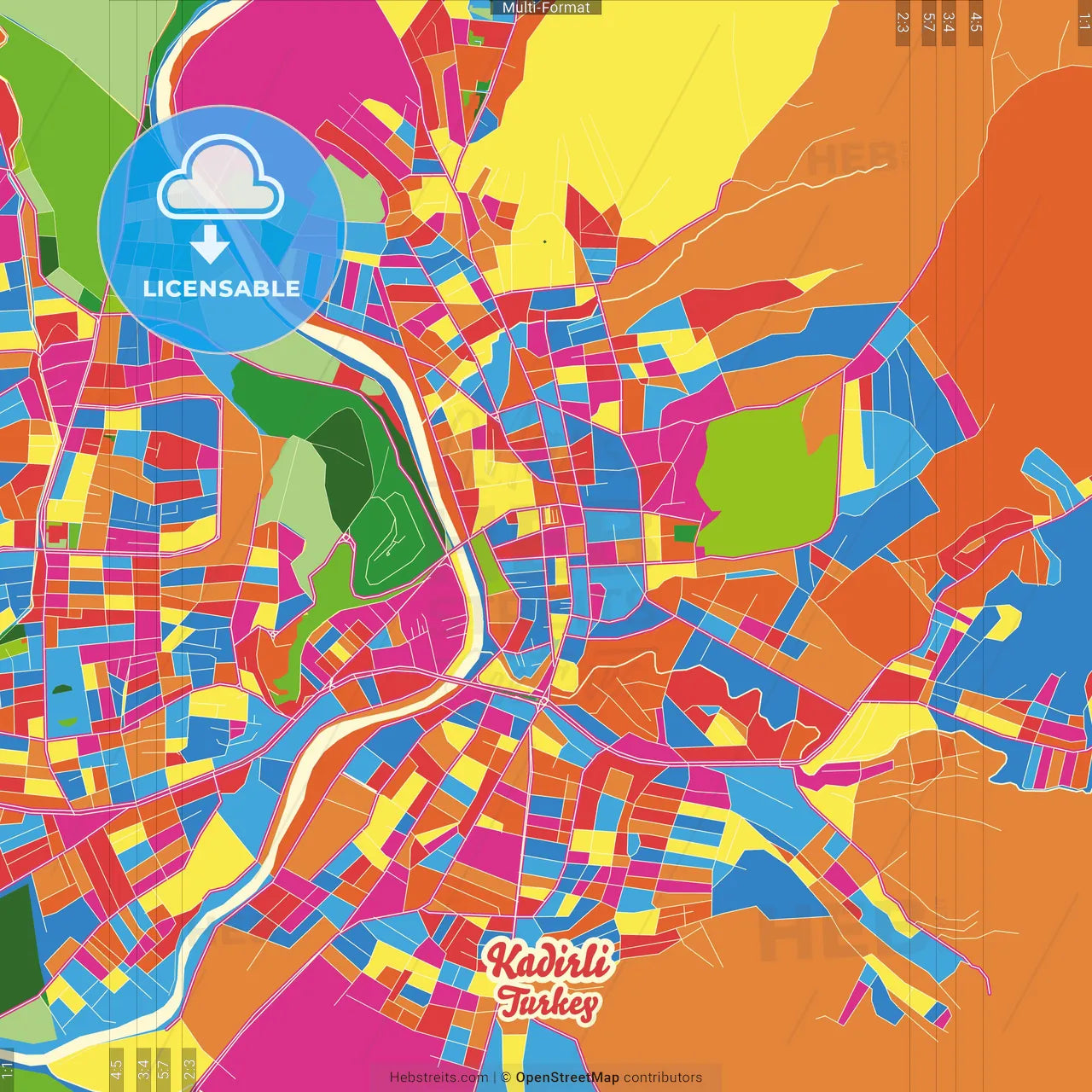 Kadirli, Osmaniye, Turkey Crazy Colorful Street Map Poster Template