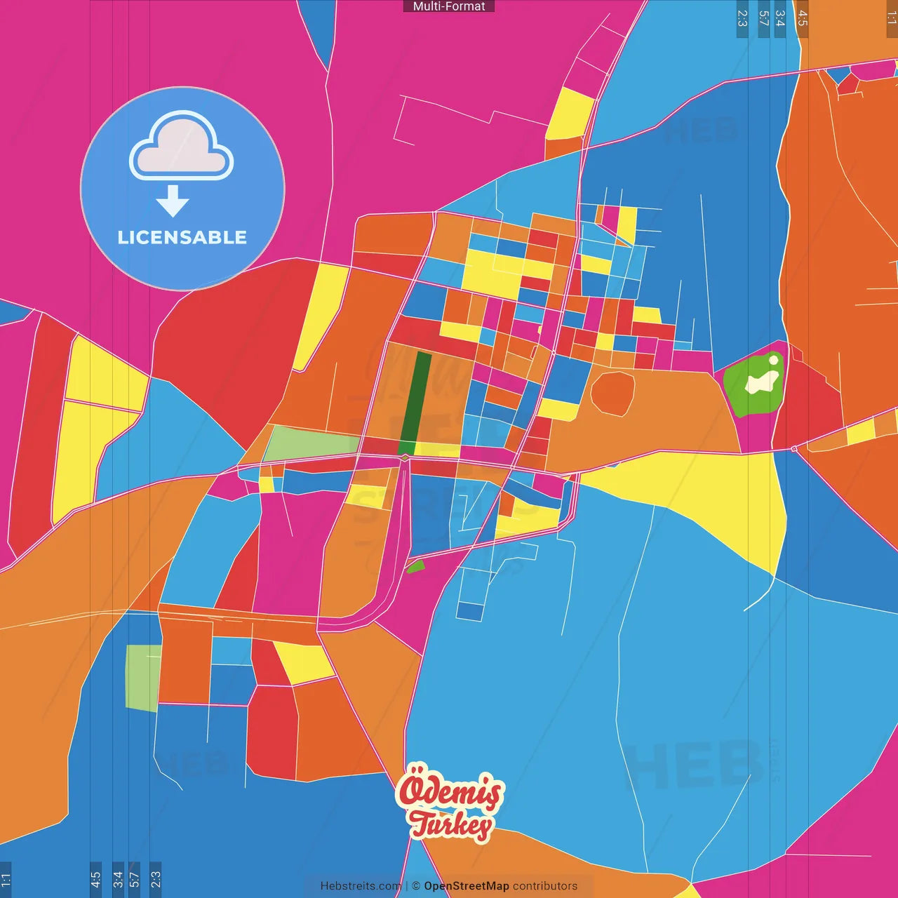 Ödemiş, İzmir, Turkey Crazy Colorful Street Map Poster Template