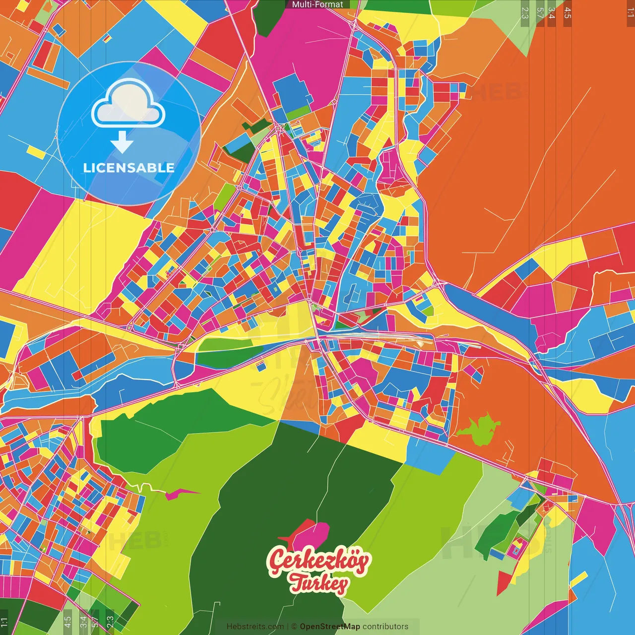 Çerkezköy, Tekirdağ, Turkey Crazy Colorful Street Map Poster Template