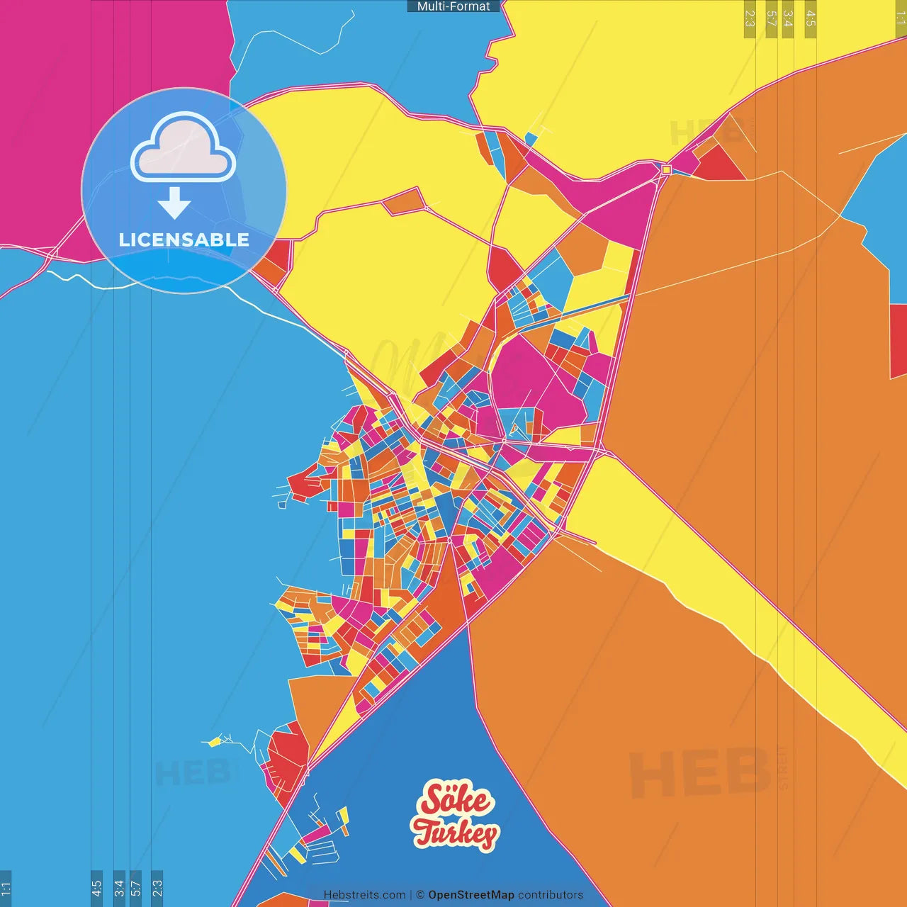 Söke, Aydın, Turkey Crazy Colorful Street Map Poster Template