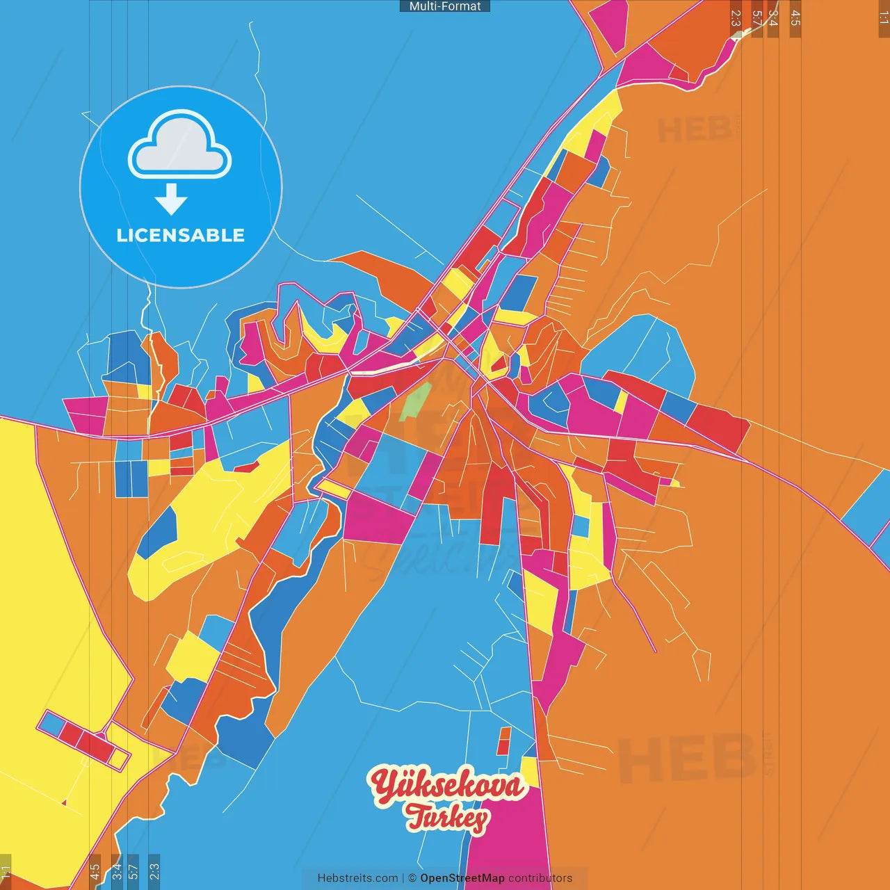 Yüksekova, Hakkâri, Turkey Crazy Colorful Street Map Poster Template