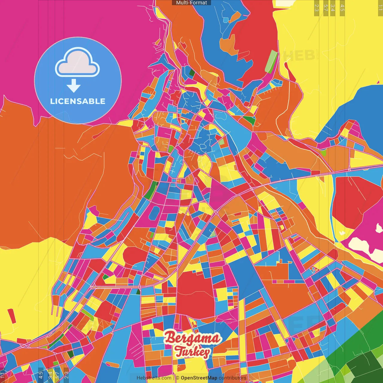 Bergama, İzmir, Turkey Crazy Colorful Street Map Poster Template