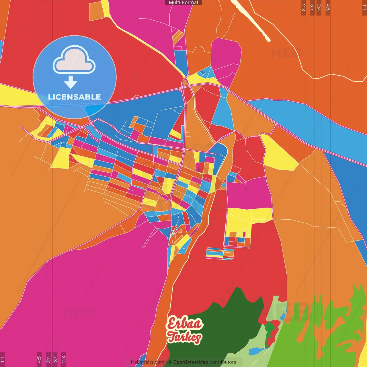Erbaa, Tokat, Turkey Crazy Colorful Street Map Poster Template