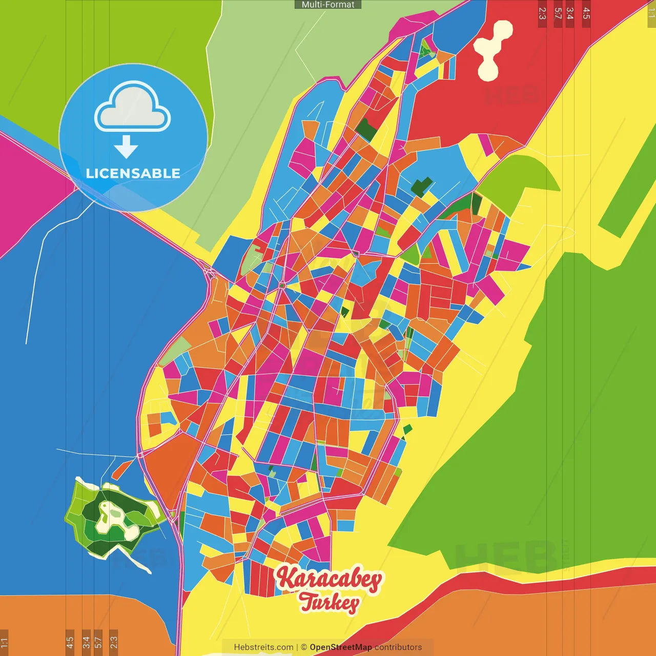 Karacabey, Bursa, Turkey Crazy Colorful Street Map Poster Template
