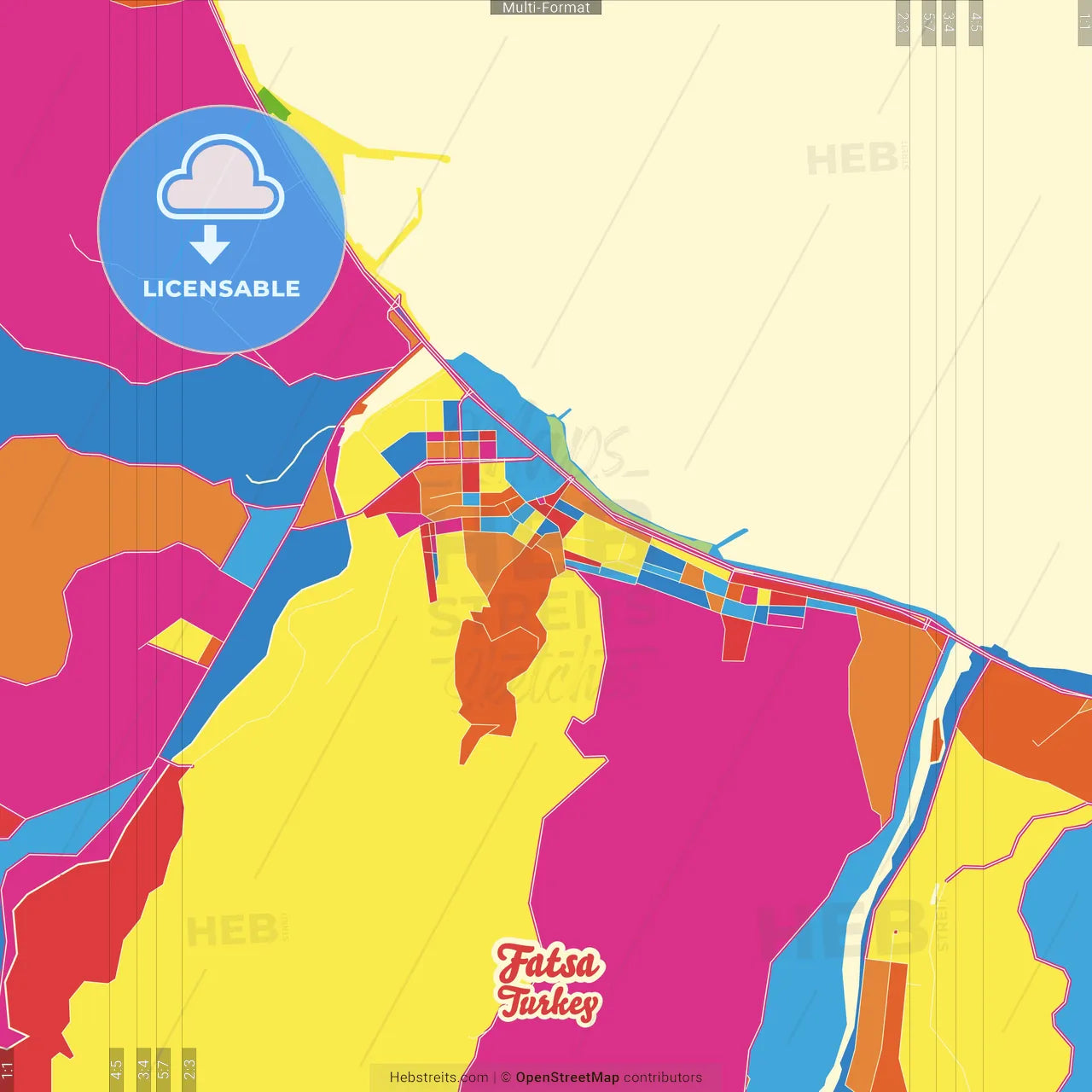 Fatsa, Ordu, Turkey Crazy Colorful Street Map Poster Template
