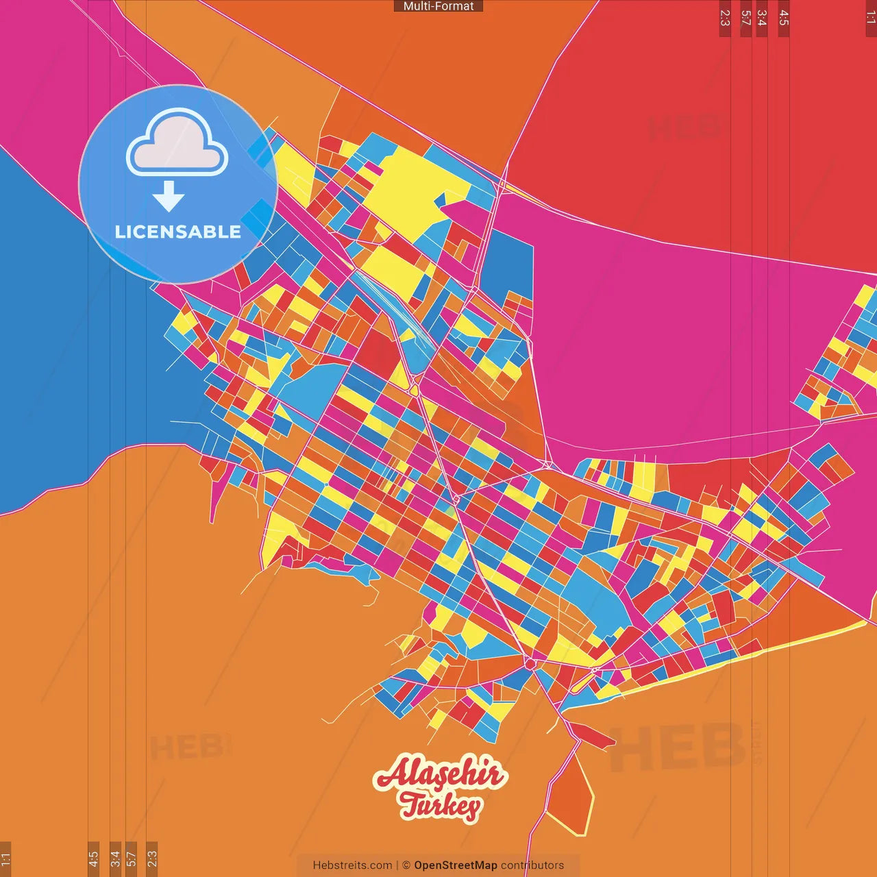 Alaşehir, Manisa, Turkey Crazy Colorful Street Map Poster Template