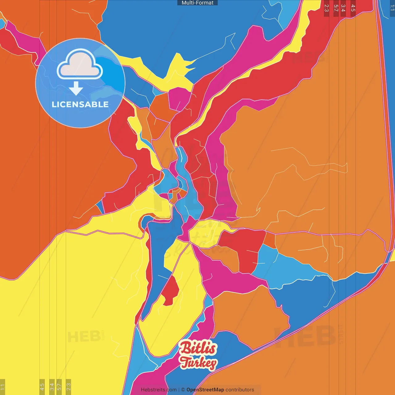 Bitlis, Bitlis, Turkey Crazy Colorful Street Map Poster Template
