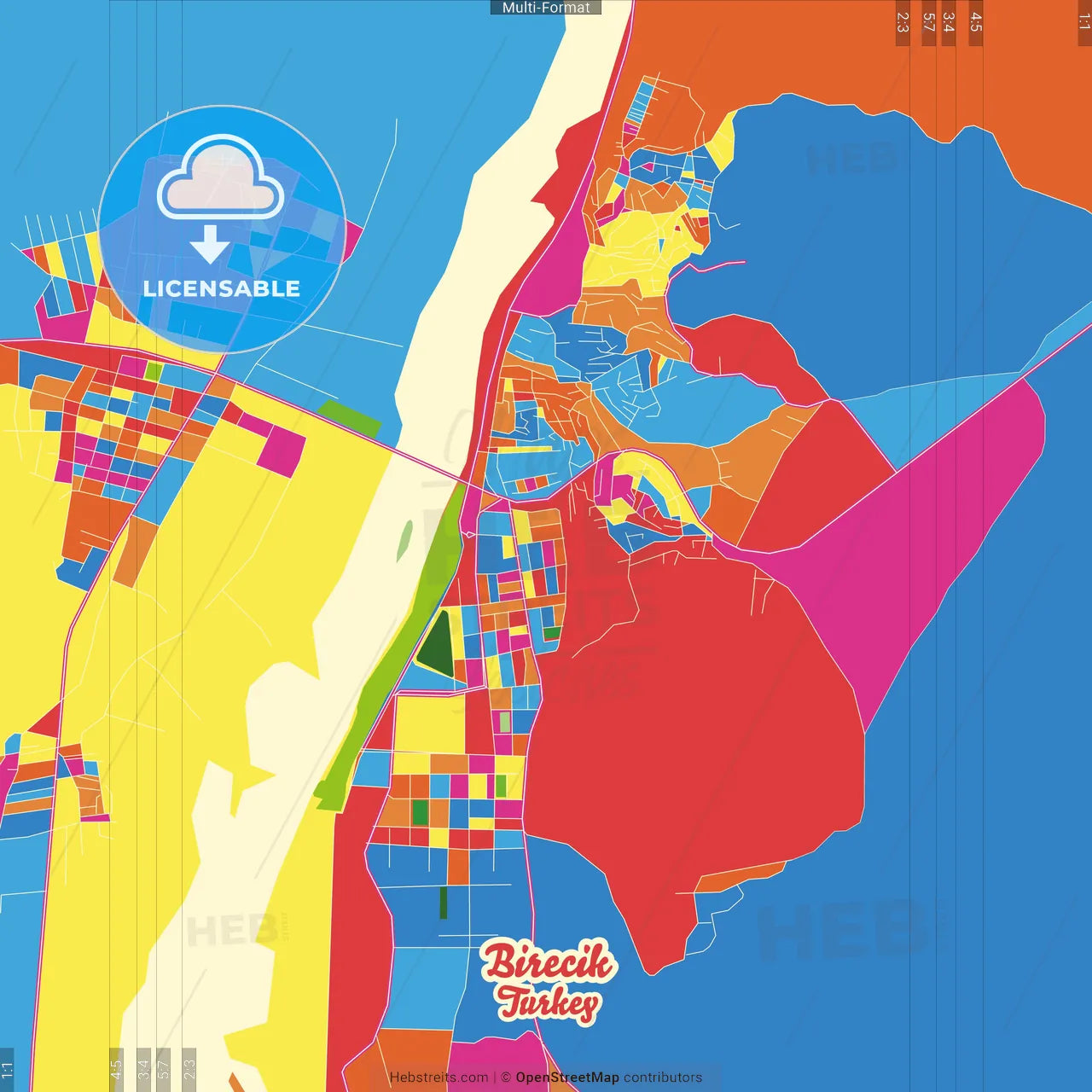 Birecik, Şanlıurfa, Turkey Crazy Colorful Street Map Poster Template