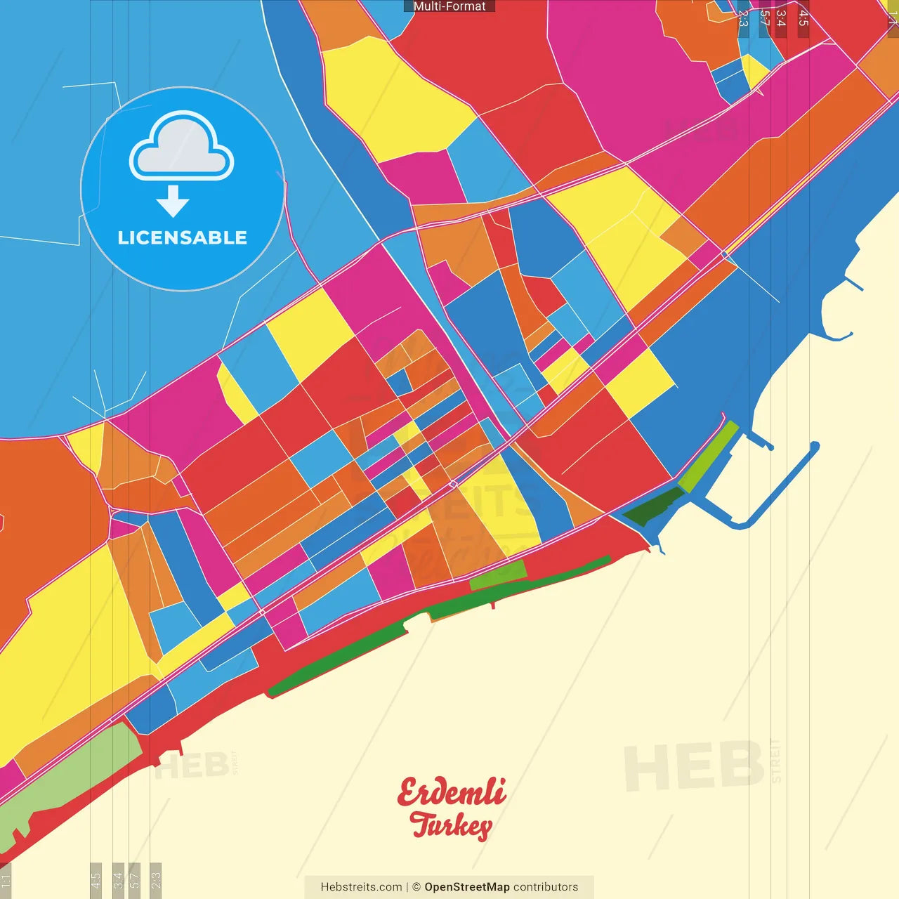 Erdemli, Mersin, Turkey Crazy Colorful Street Map Poster Template