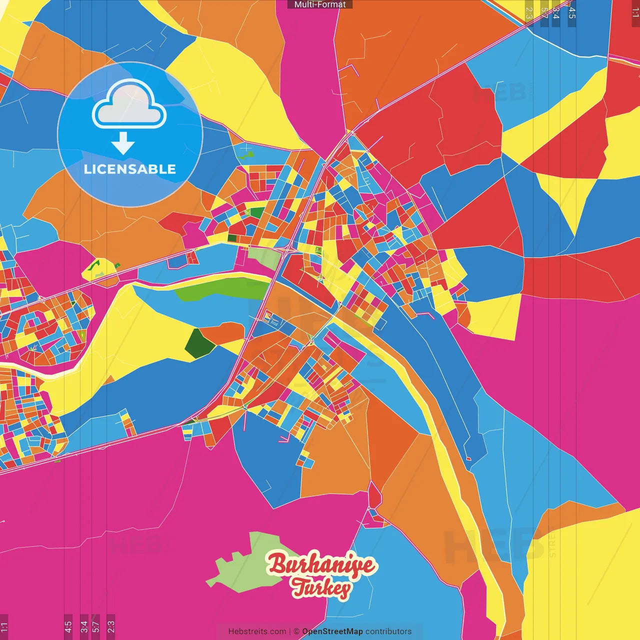Burhaniye, Balıkesir, Turkey Crazy Colorful Street Map Poster Template