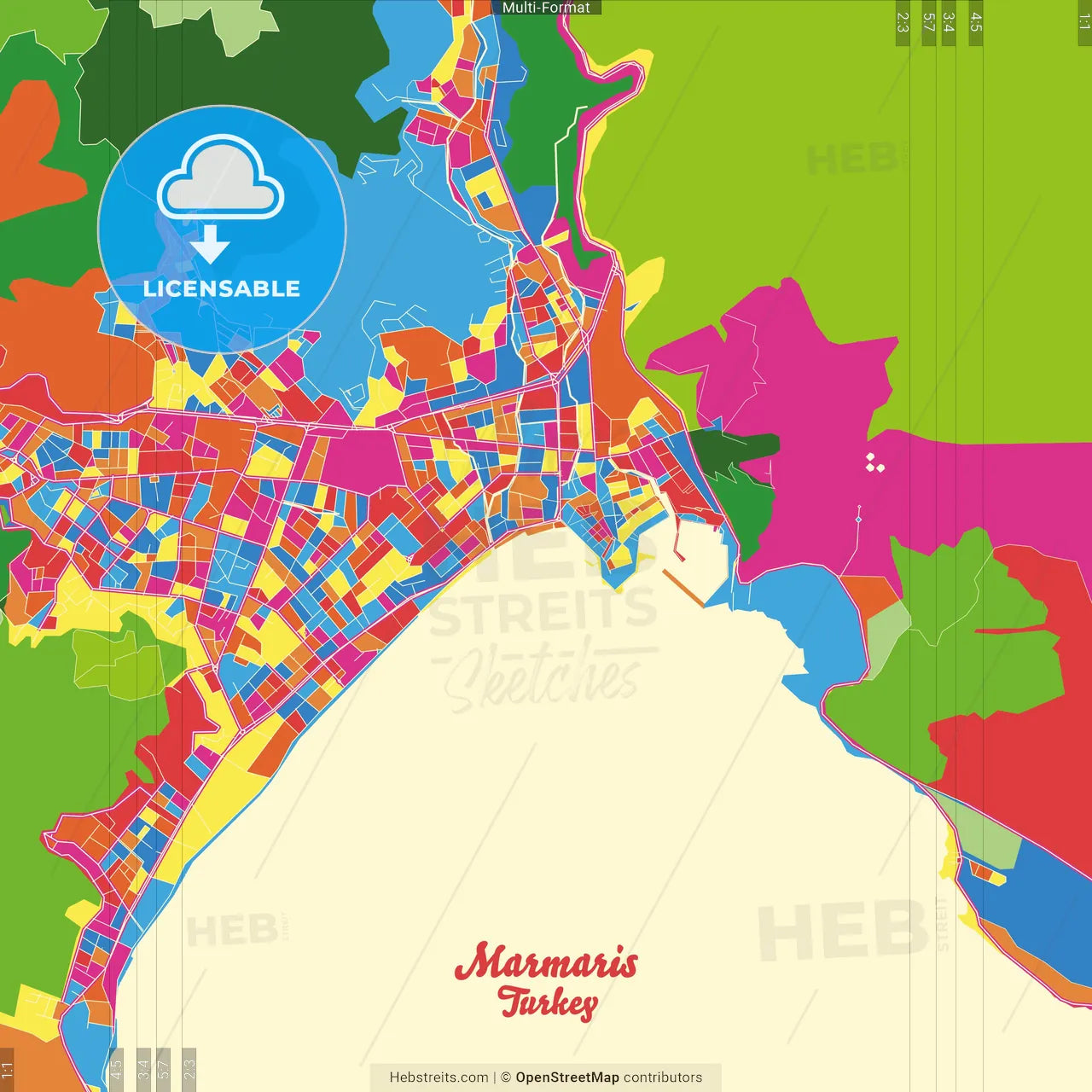 Marmaris, Muğla, Turkey Crazy Colorful Street Map Poster Template