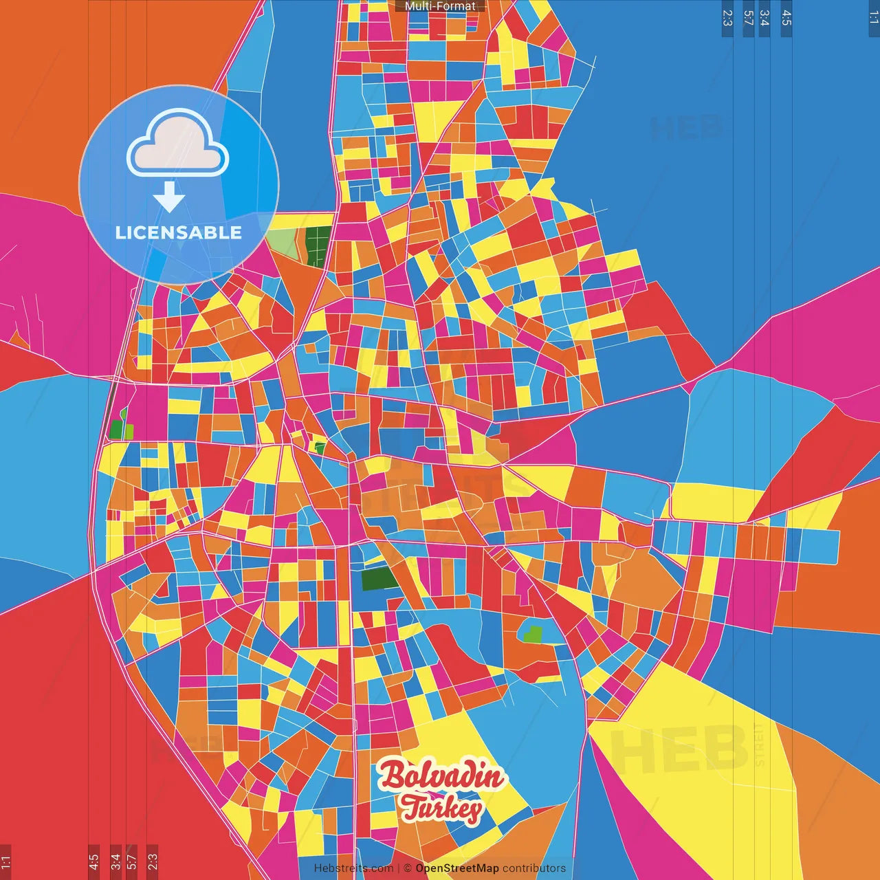 Bolvadin, Afyon, Turkey Crazy Colorful Street Map Poster Template