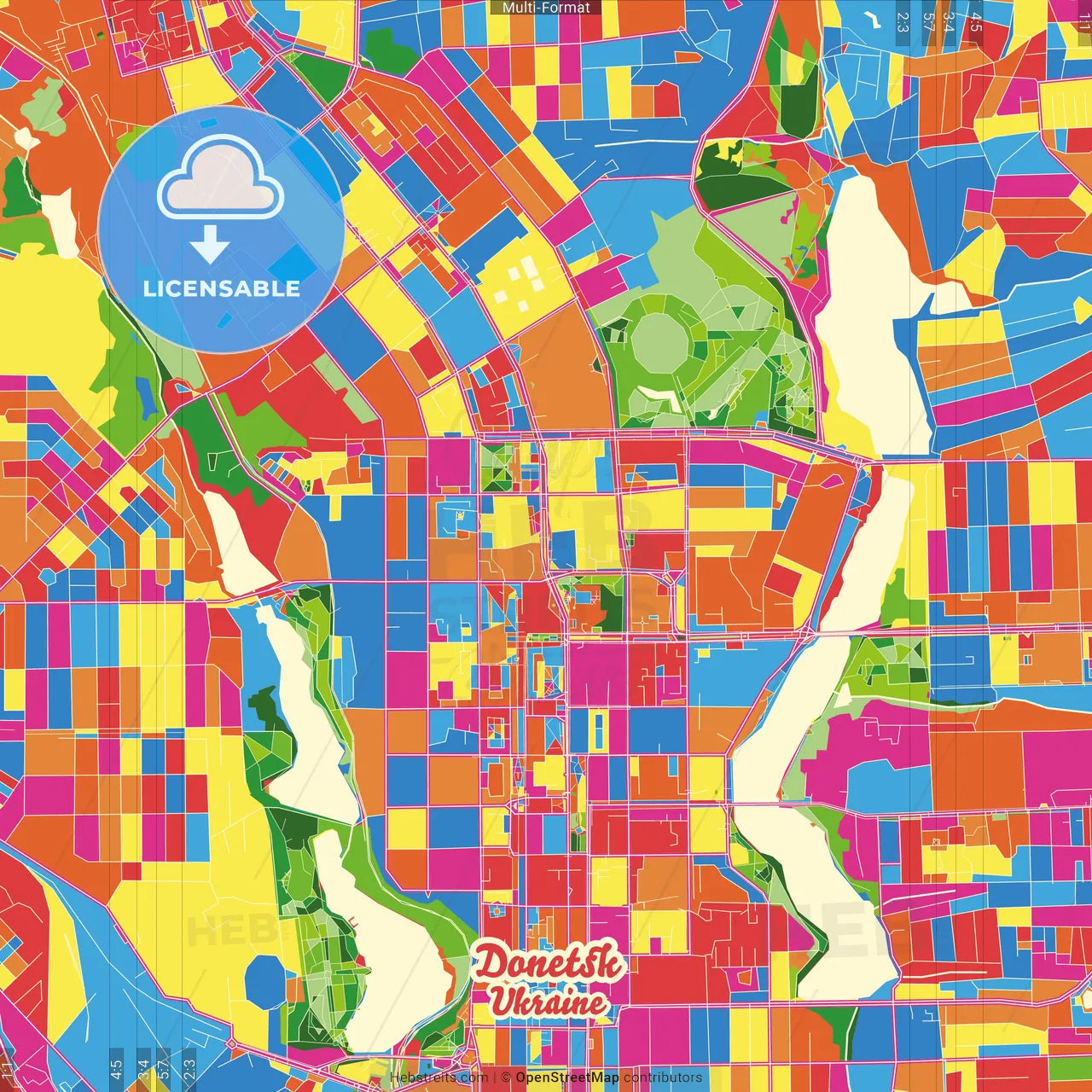 Donetsk, Donetsk Oblast, Ukraine Crazy Colorful Street Map Poster Template