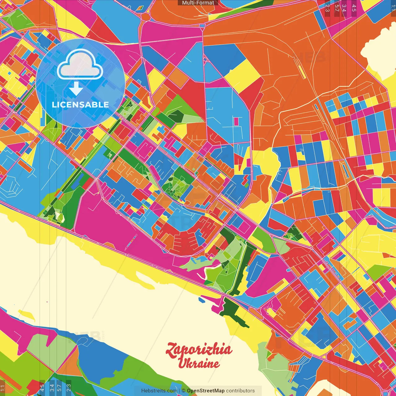 Zaporizhia, Zaporizhia Oblast, Ukraine Crazy Colorful Street Map Poster Template