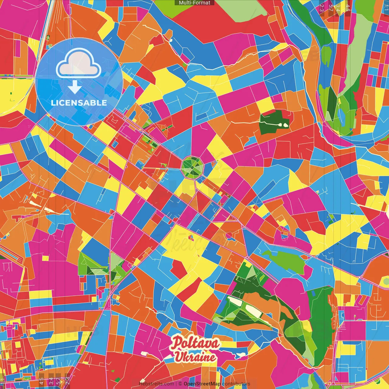 Poltava, Poltava Oblast, Ukraine Crazy Colorful Street Map Poster Template