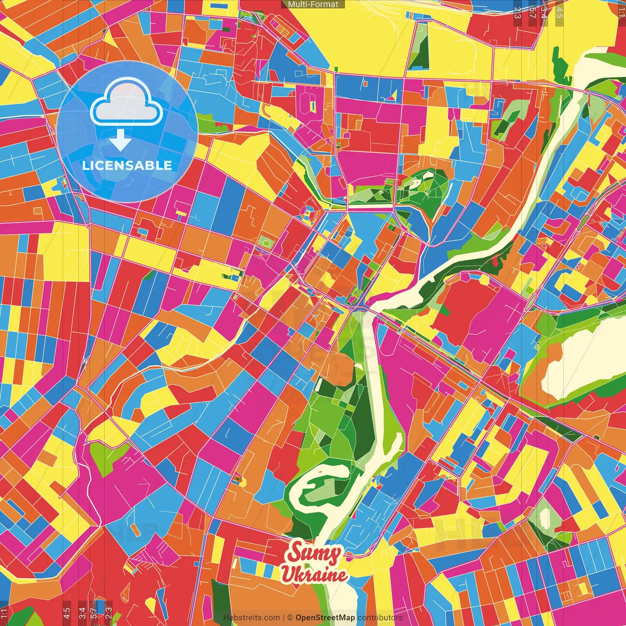 Sumy, Sumy Oblast, Ukraine Crazy Colorful Street Map Poster Template