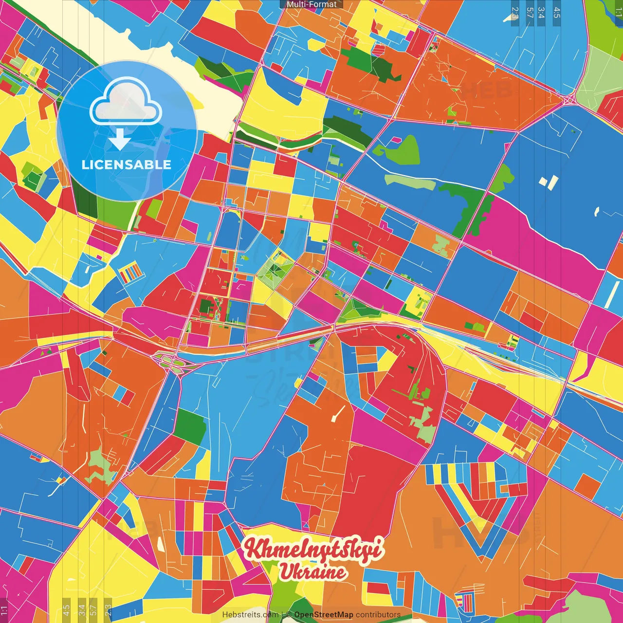 Khmelnytskyi, Khmelnytskyi Oblast, Ukraine Crazy Colorful Street Map Poster Template