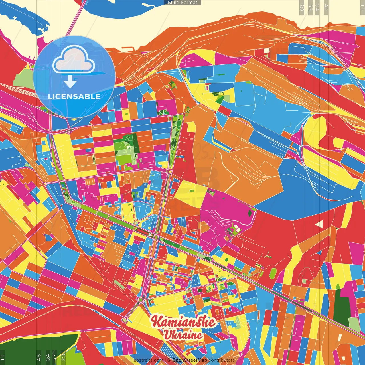 Kamianske, Dnipropetrovsk Oblast, Ukraine Crazy Colorful Street Map Poster Template