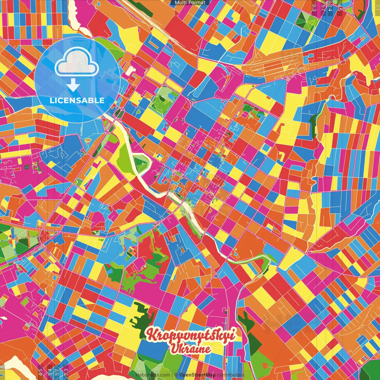 Kropyvnytskyi, Kirovohrad Oblast, Ukraine Crazy Colorful Street Map Poster Template