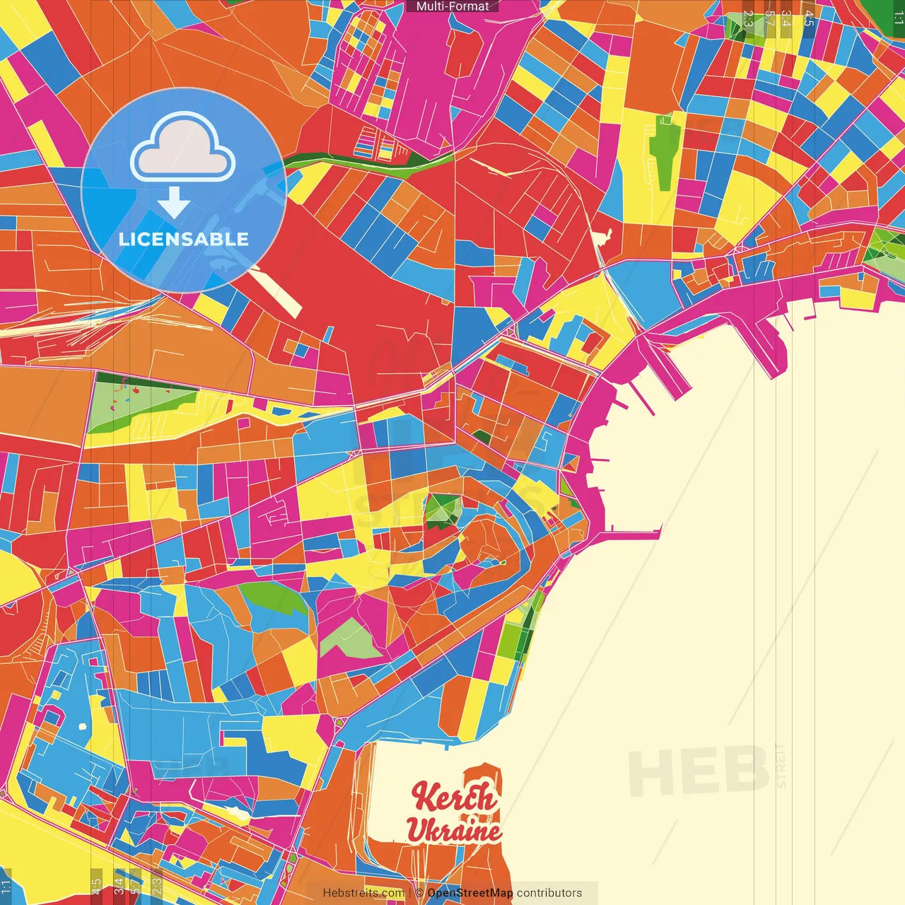 Kerch, Crimea, Ukraine Crazy Colorful Street Map Poster Template