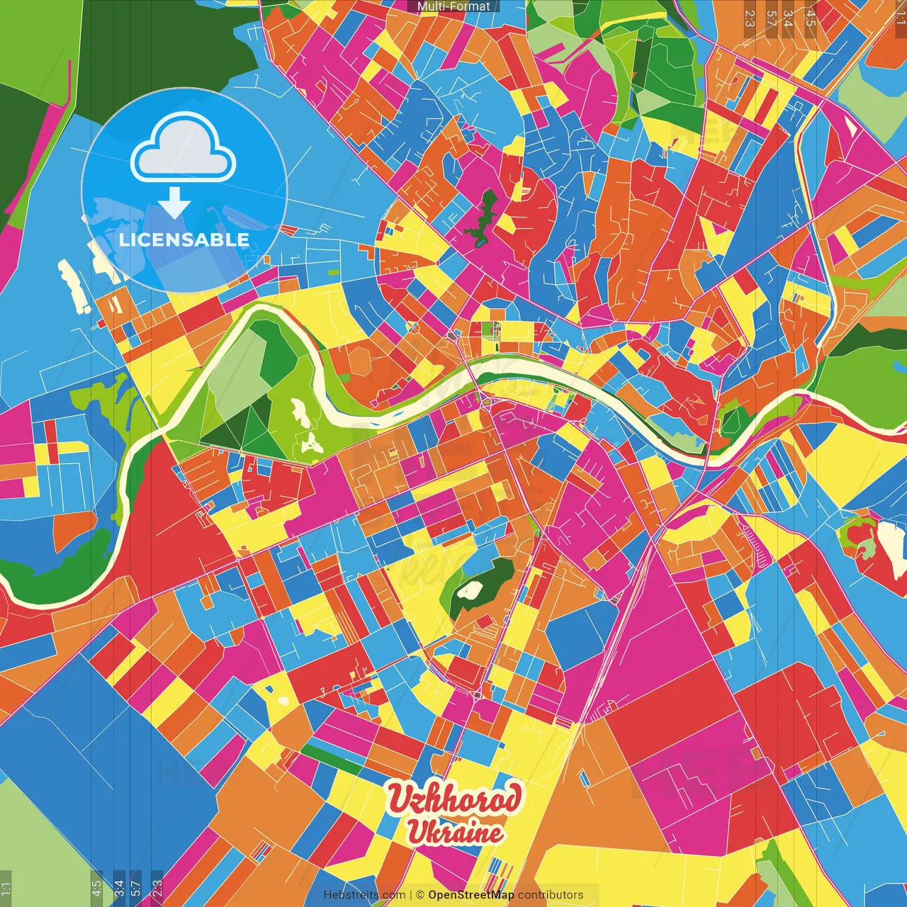Uzhhorod, Zakarpattia Oblast, Ukraine Crazy Colorful Street Map Poster Template