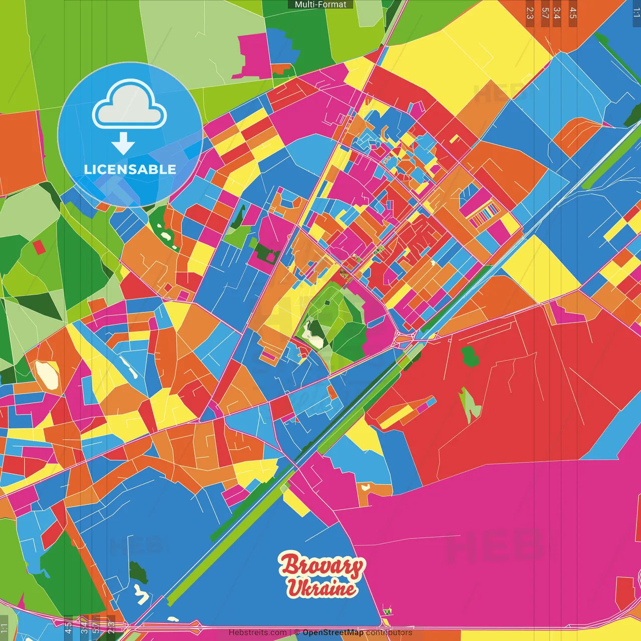 Brovary, Kyiv Oblast, Ukraine Crazy Colorful Street Map Poster Template