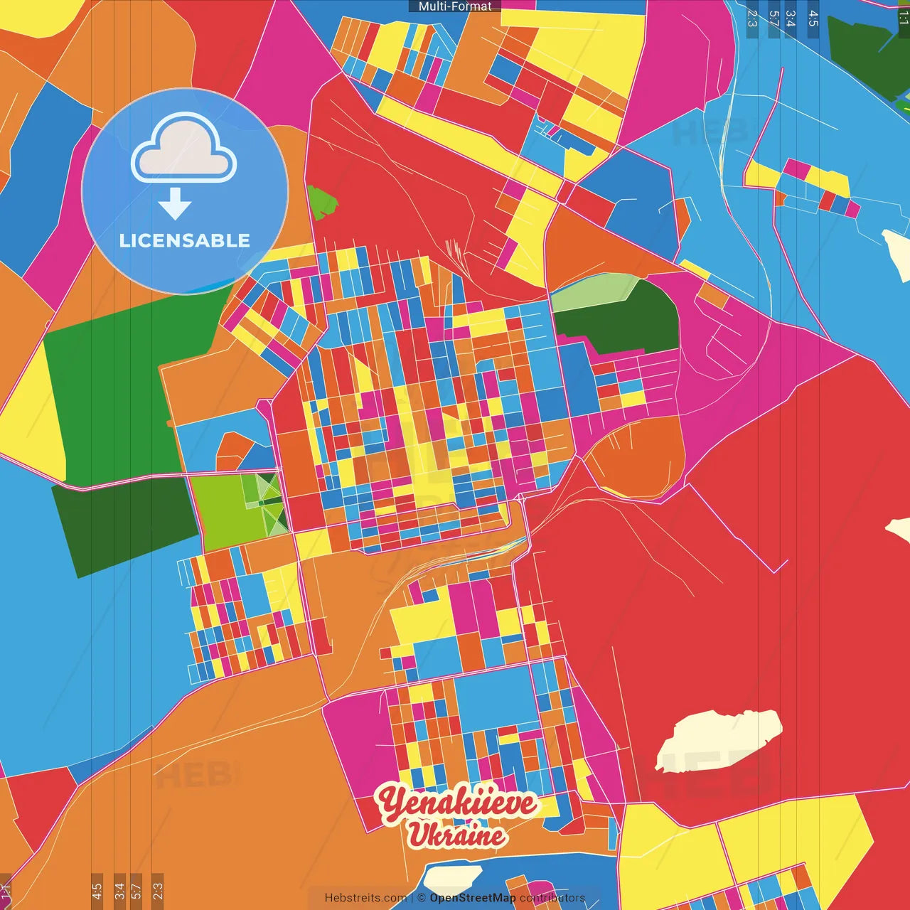 Yenakiieve, Donetsk Oblast, Ukraine Crazy Colorful Street Map Poster Template